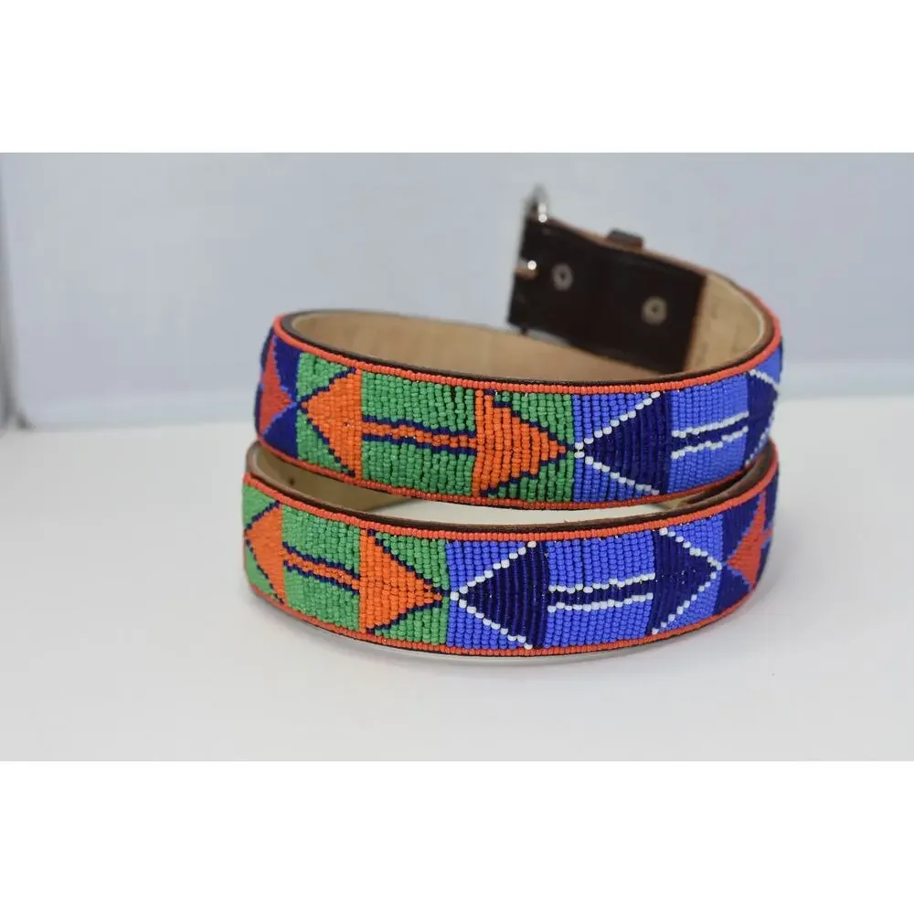 UNISEX BoHo Hand Beaded Maasai Leather Belt with Silver Tone Buckle 34-40